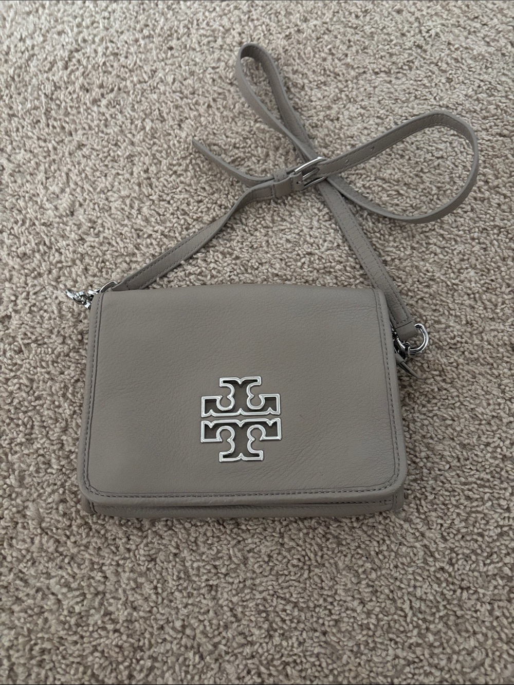 Tory Burch Taupe Grey Leather Logo Crossbody
